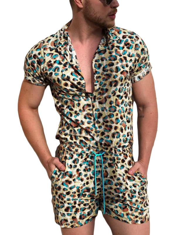 Mens Leopard Printed Two-Piece Set Turn-down Collar Button Short Sleeve+Shorts