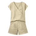 thumbnail image 4 of Hvogkswy Women Two Piece Linen Sets, Solid Color Short Sleeve V-Neck Tops and Button Waist Shorts with Pockets Lightweight Breathable Beach Vacation Summer Casual Set, 4 of 8