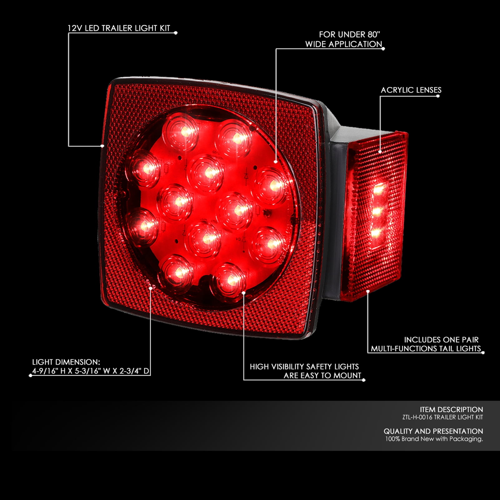 DNA Motoring ZTL-H-0016 For 12V Capable Vehicle IP68 Rated Protection Left+Right Acrylic Lenses Multi-Fuctions LED Tail Lights