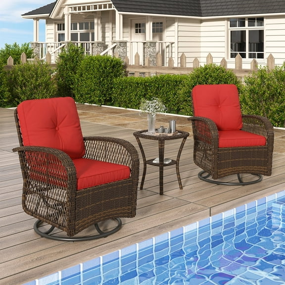 Clouddwell 3 Piece Patio Furniture Set Swivel Outdoor Chair Wicker Rattan Patio Conversation Set Outdoor Sectional Sofa Set with Coffee Table and Red Cushions