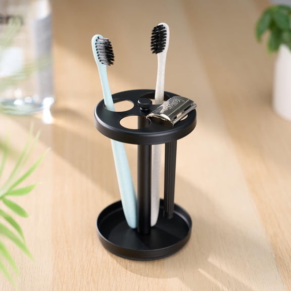 Stainless Steel Bathroom Organizer Toothbrush Stand with Non-Slip Base, 4 Slots for Manual Toothbrushes Razor, Compact Countertop Holder, Black