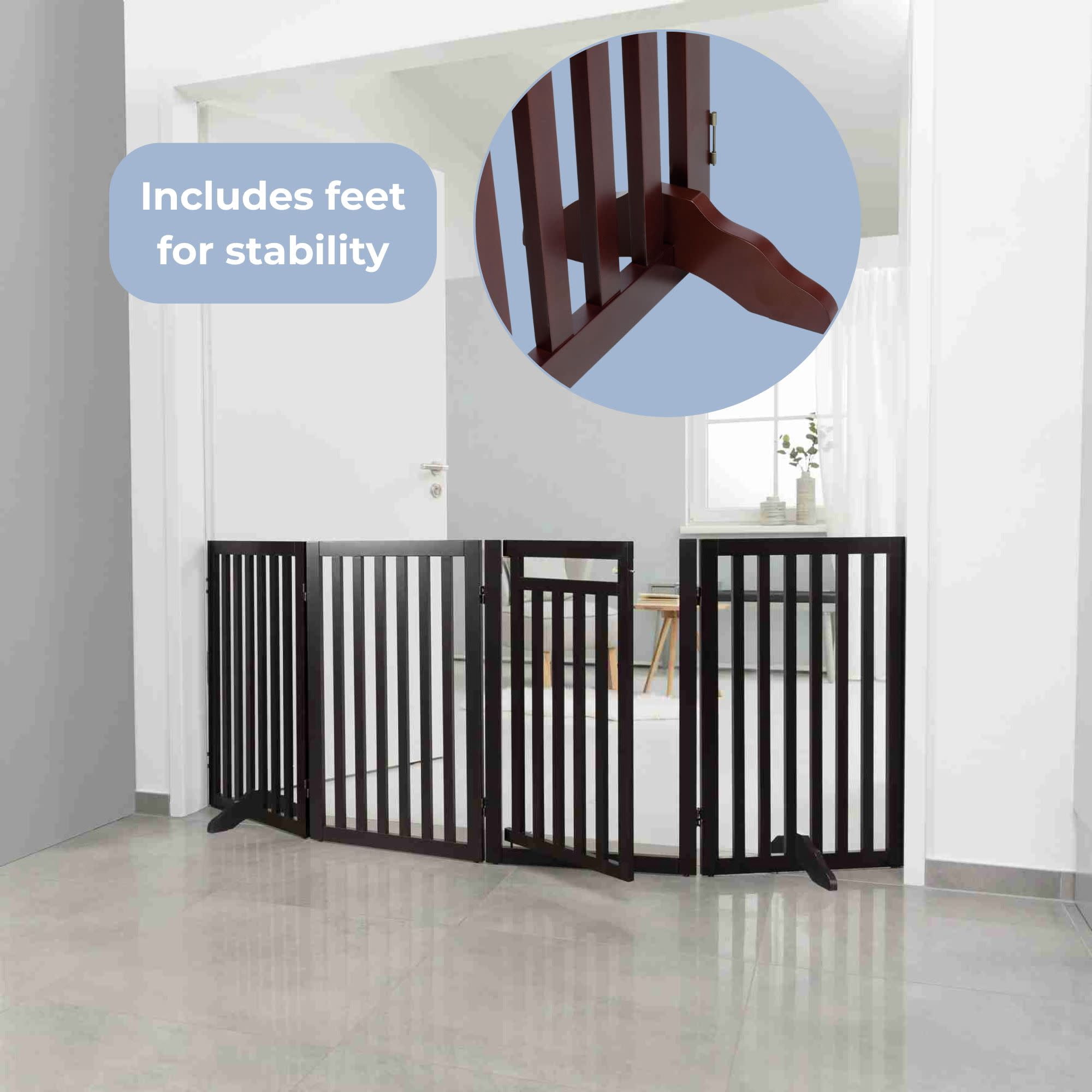 TRIXIE 4-Panel Foldable Wood Freestanding Pet Gate, Walk Thru Door, Expands to 81.2", Brown