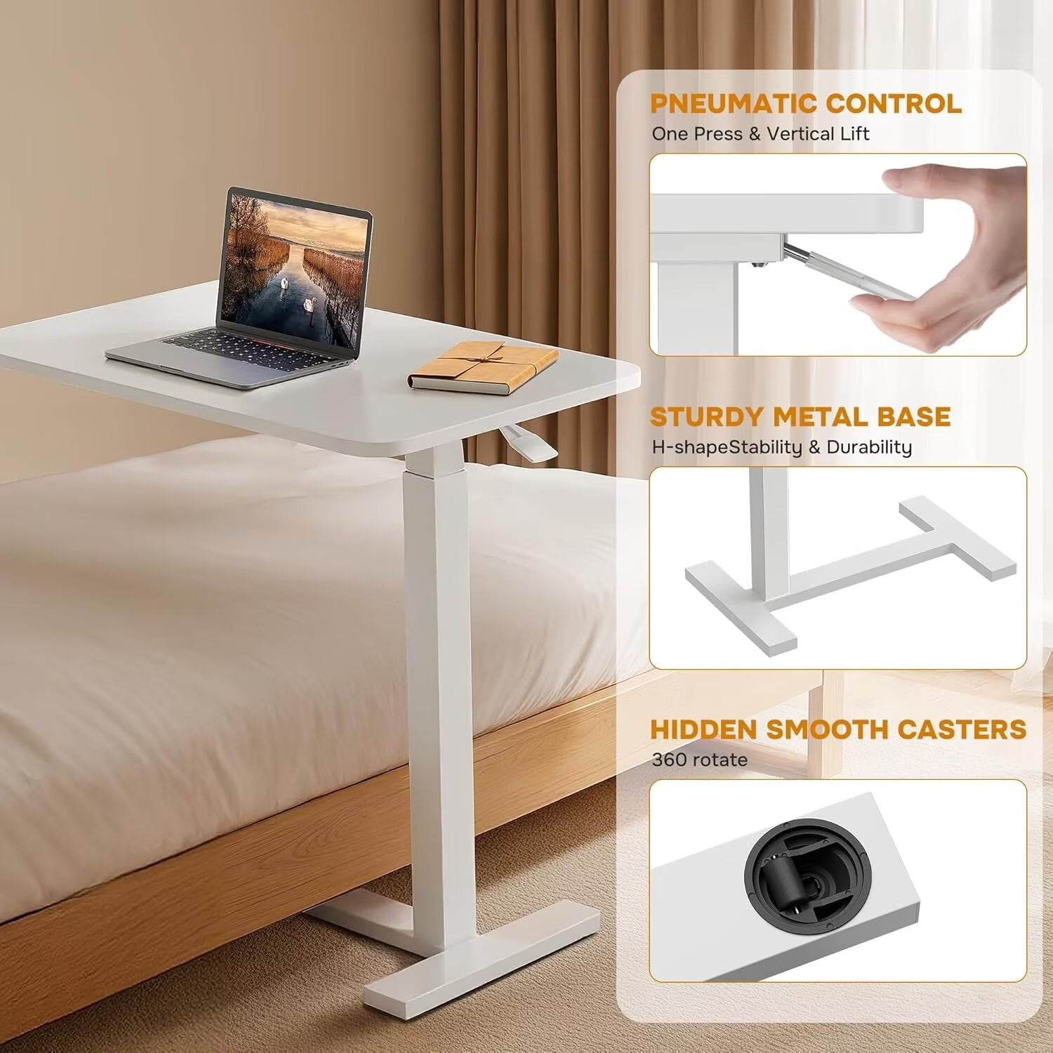 Simple Deluxe Overbed Bedside Table with Hidden Casters, Adjustable Pneumatic Mobile Laptop Computer Standing Desk, Rolling Laptop Table, Movable Overbed Table Hospital Home Use, White