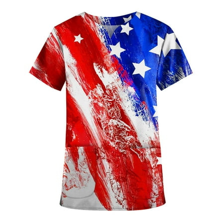 

American Flag Print Shirts Plus Size Cute Printed Scrub Working Uniform Tops For Women V-Neck Short Sleeve Fun T-Shirts Workwear Tee With Pockets Blue 3X-Large