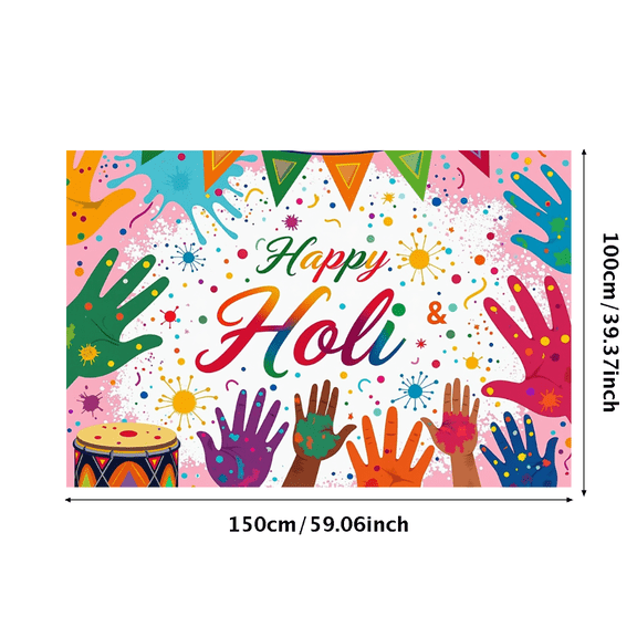 Colorful Holi Themed Backdrop Banner with Hand Prints Paint Splashes and Bunting Decor Background Party Supplies for Holi Celebrations Photography Props and Festival Decorations