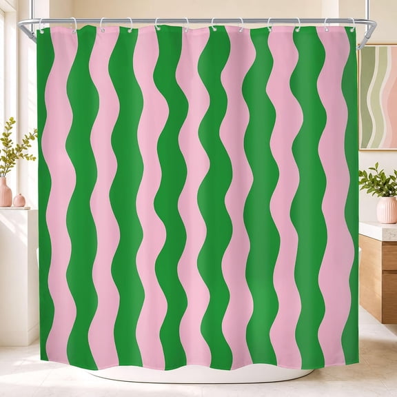 Pink And Green Wavy Stripe Shower Curtain Waterproof Fabric Bath Curtain with Hooks for Bathroom 71x71 inches