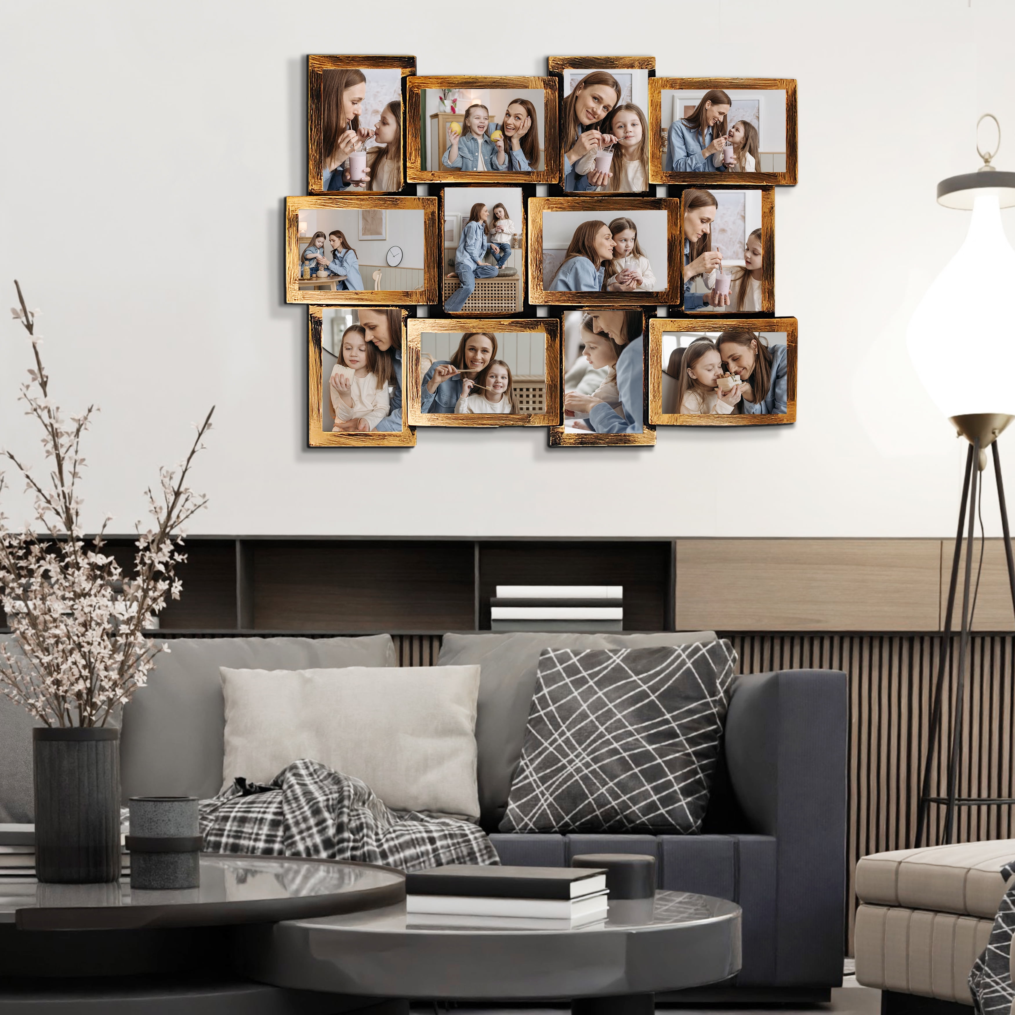 Classic Wall Hanging Picture Frame Collage Gallery Display 12 Opening 6" x 4" Photo 12 Sockets Brown
