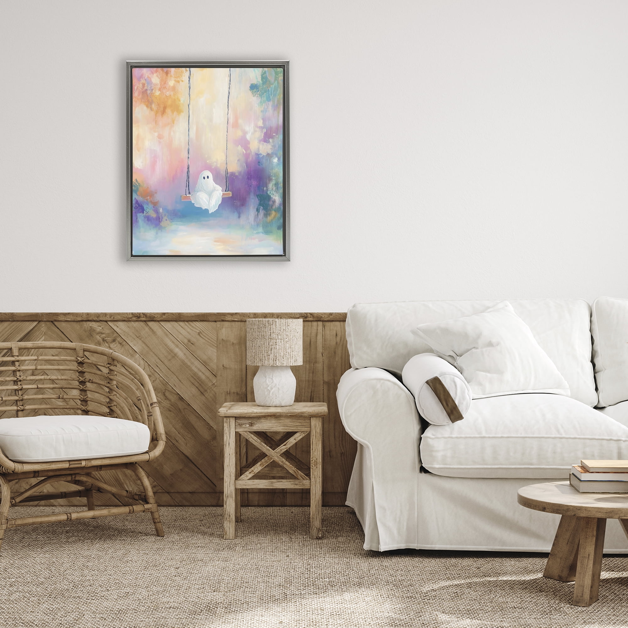 Stupell Industries Watercolor Ghost on Swing Gray Framed Floater Canvas Wall Art, design by The Prints Vibe
