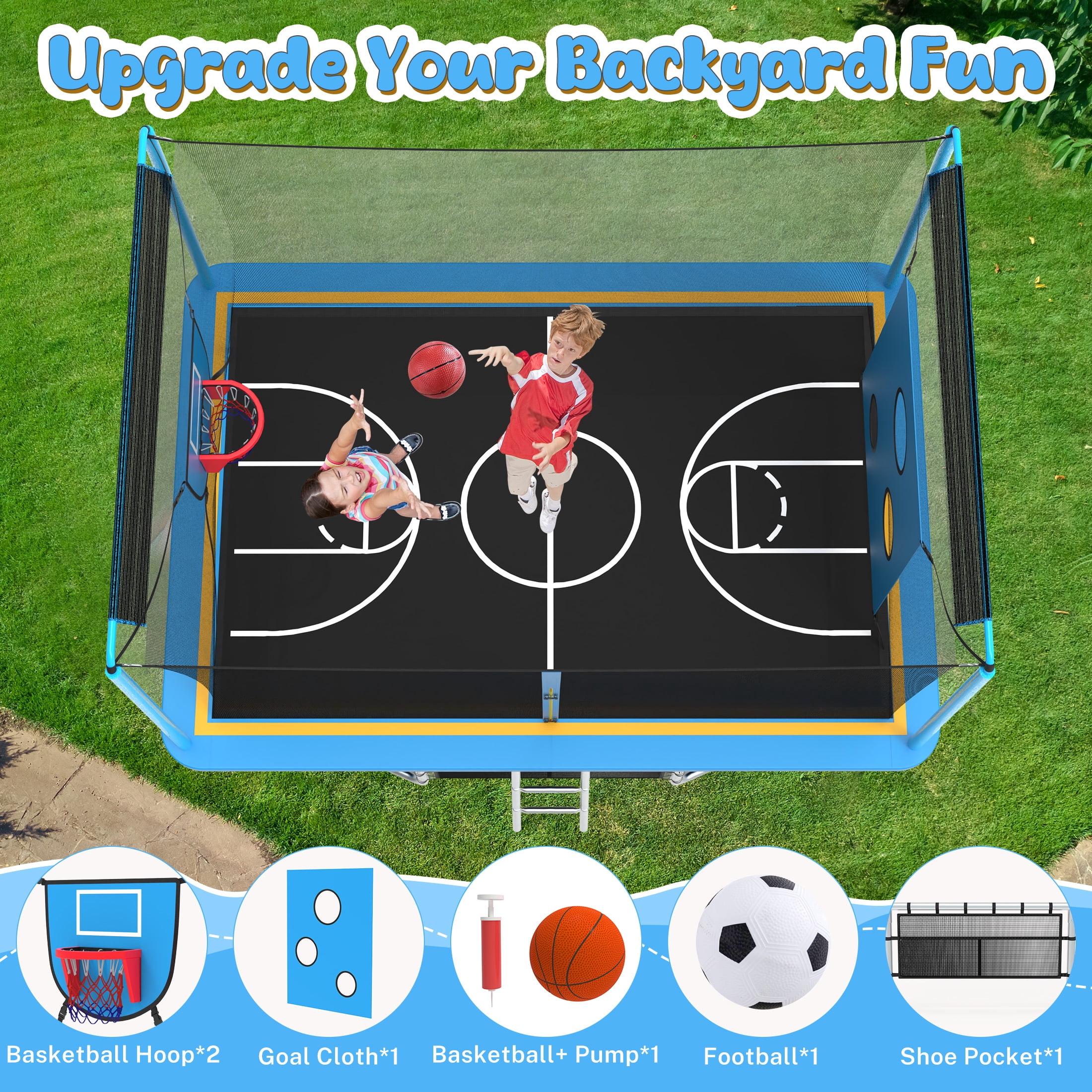 8 ×12FT Large Trampoline for Kids and Adults, SHINPT Outdoor trampoline with 2 Basketball Hoops, Big Trampoline with 360° Safety Net, Kids Trampoline Outdoor with Football Net with 1600LBS Capacity