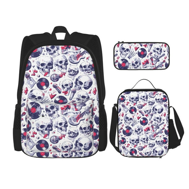 Easygdp music Skull record mike Mochila para Niños y Niñas con Set de Caja de Almuerzo y Estuche para Lápices 3 en 1, Mochila Escolar Estampada para Adolescentes