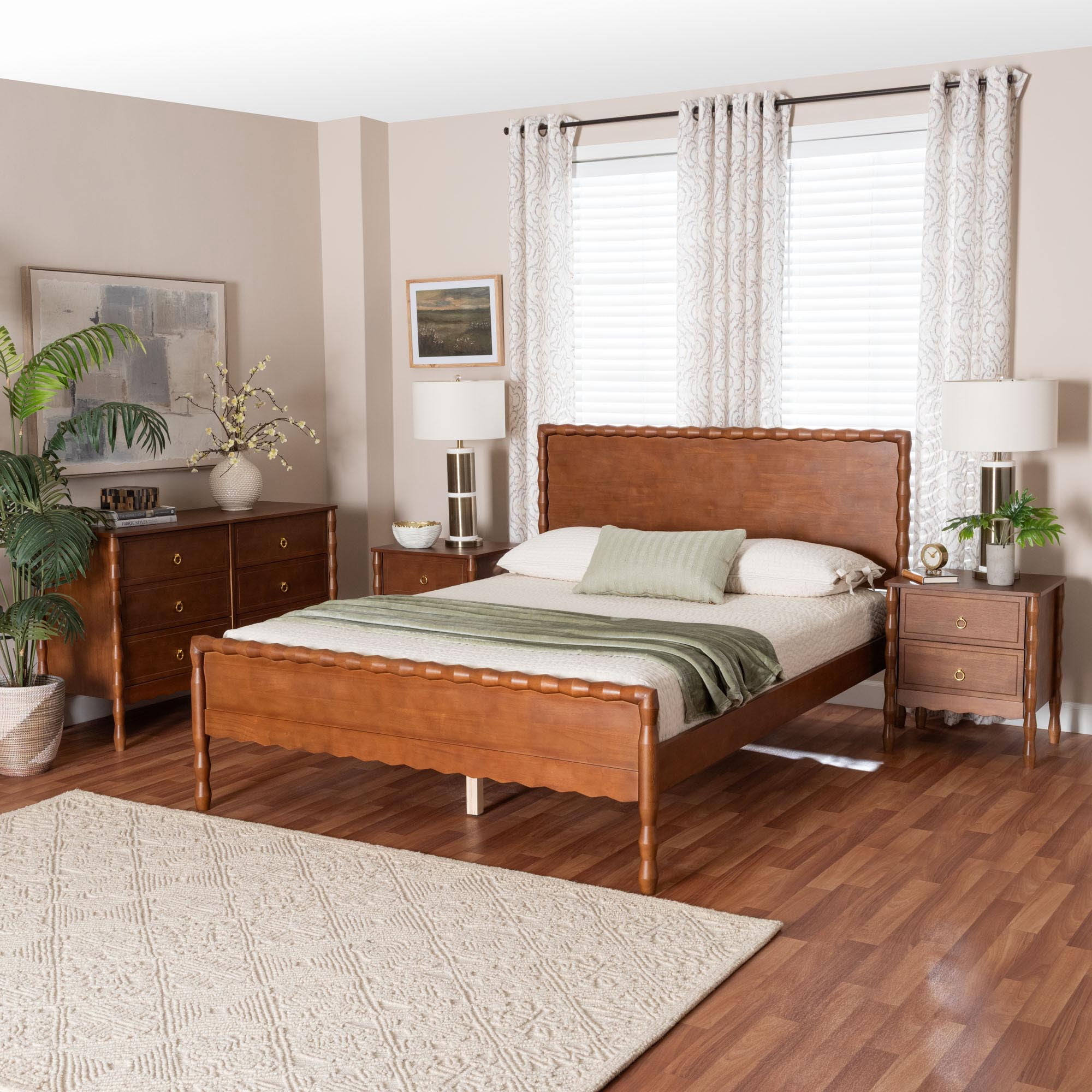 Baxton Studio Seamus Mid-Century Modern Bedroom Set, 4-Piece Set with Two Nightstands, Queen, Walnut Brown