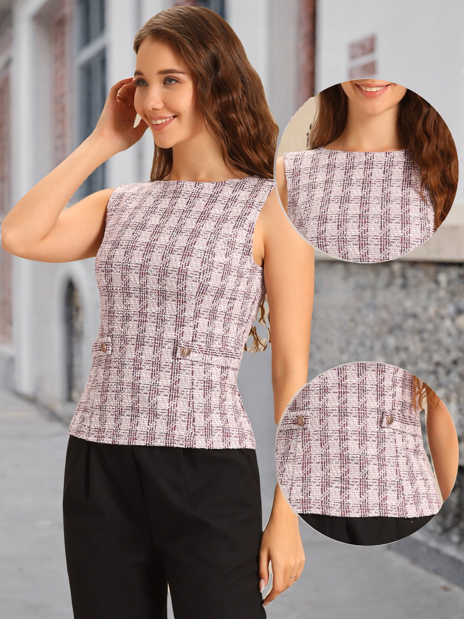 DARING DIVA Women's Tweed Elegant Crew Neck Business Vest Tops XL Pink White