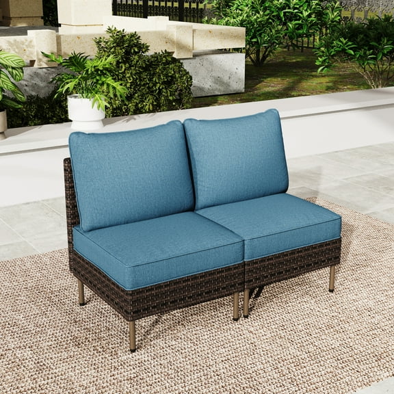 Summit Living 2-Seat Wicker Outdoor Patio Loveseat Sofa with Cushions and Pillows for Balcony, Porch, Deck, Garden, Blue