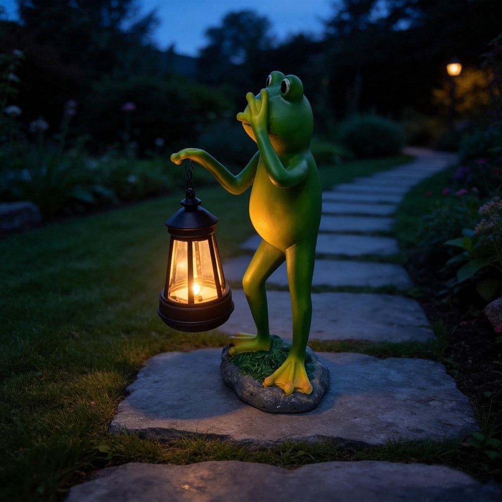 Outdoor Frog Garden Decor: 9.5'' Yard Decoration with LED Lantern Funny Solar Parent-Child Frog Statue, IP44 Waterproof,Birthday Gifts for Women