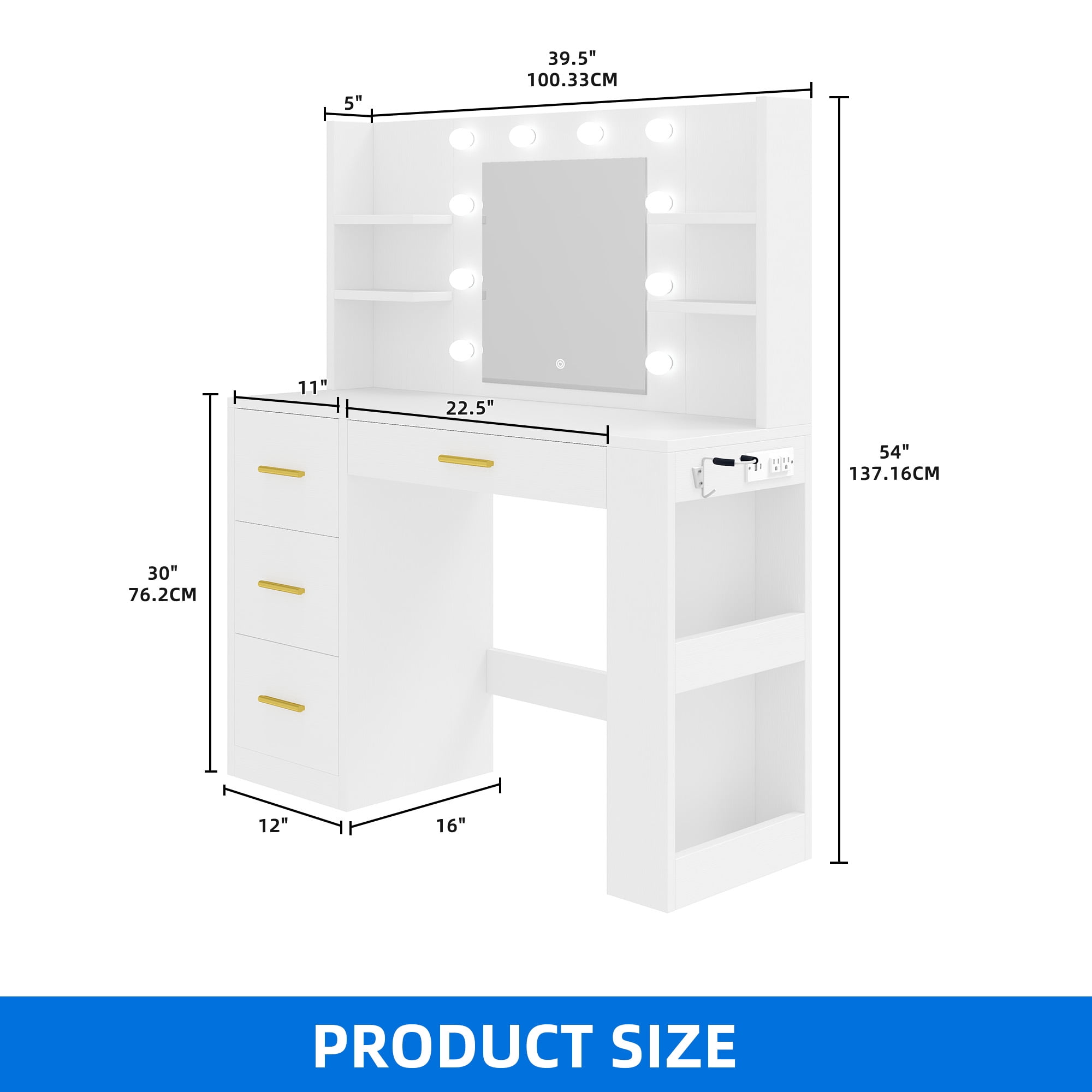 DEXTRUS 4 Drawers Vanity Table with Mirror, Power Outlet & 8 Shelves for Bedroom, White