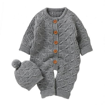 

Baby Sweater Romper Warm Knit Romper Jumpsuit Long Sleeve One Piece Outfits with Warm Hat