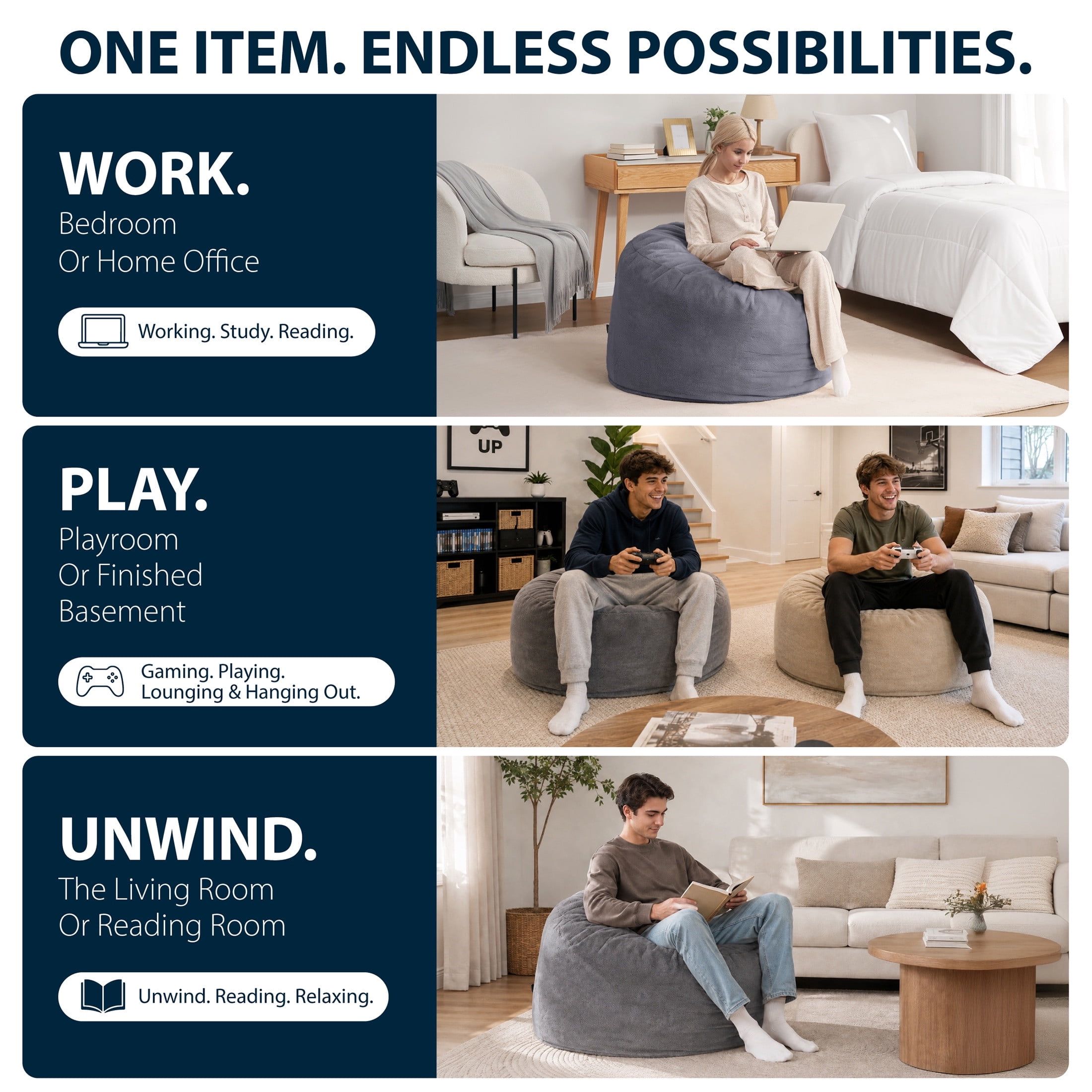Serta Big Round Lounger Foam Filled Bean Bag Chair, Gray, Plush Faux Fur, Oversized Round Floor Seat, 36” Diameter