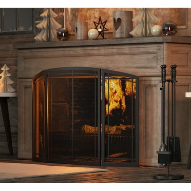FireBeauty Fireplace Screen 3 Panel Wrought Iron Black Metal 48"(L) x30(H) Spark Guard Cover (Modern)