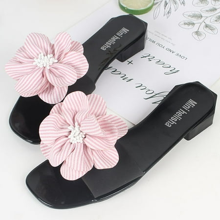

Women Beach Summer Elegant Heel Square Slipper Sandals Foral Stripe Flower Shoes
