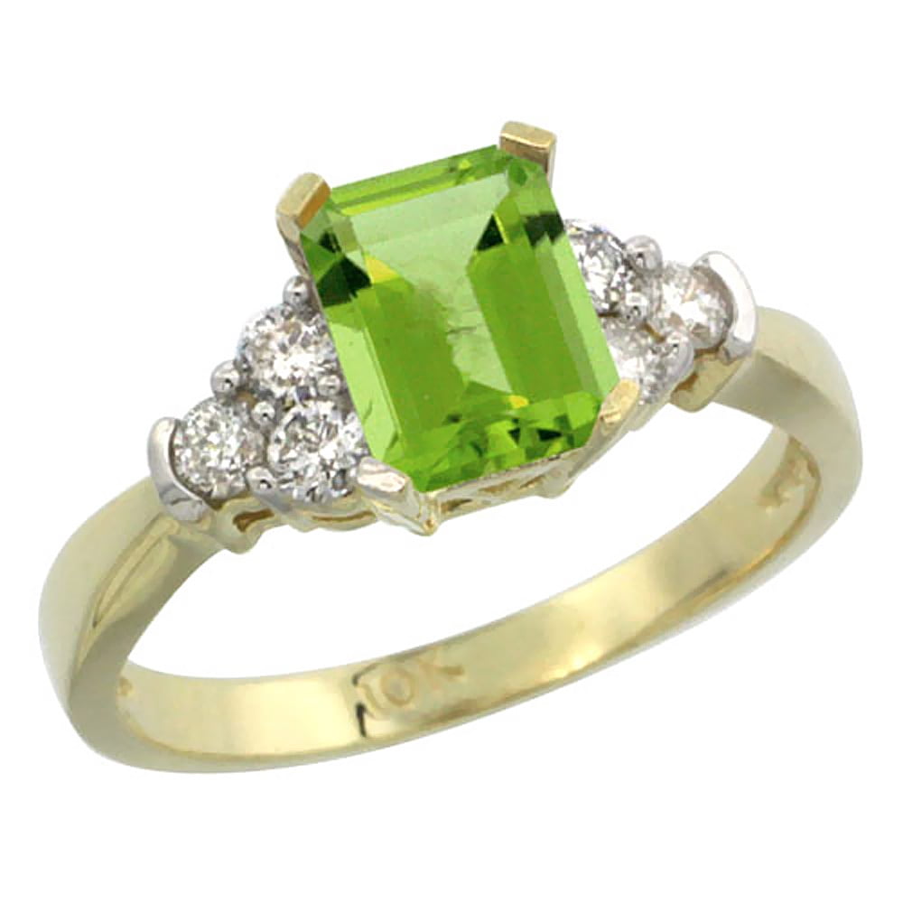 10K Yellow Gold Natural Peridot Ring Octagon 7x5mm Diamond Accent, sizes 5-10 by WorldJewels