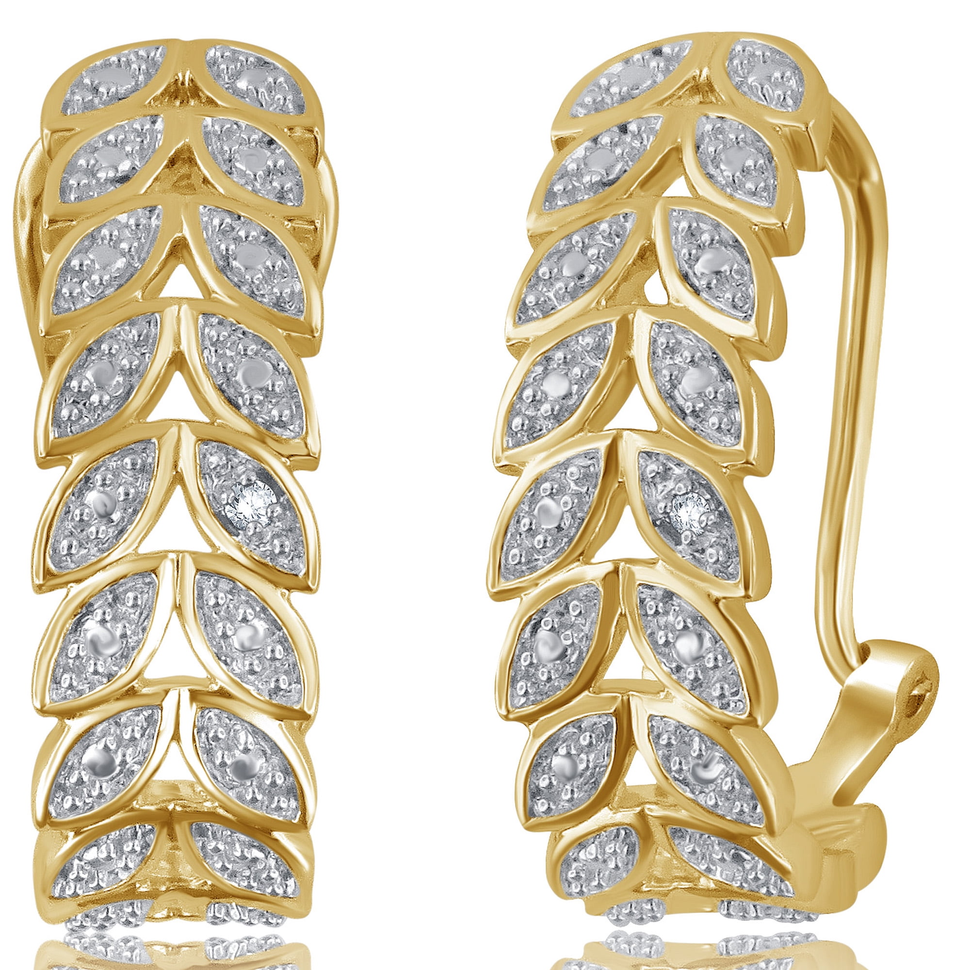Arista Diamond Accent Leaf Huggies Hoop Earrings in 14K Yellow Gold Tone Over Brass