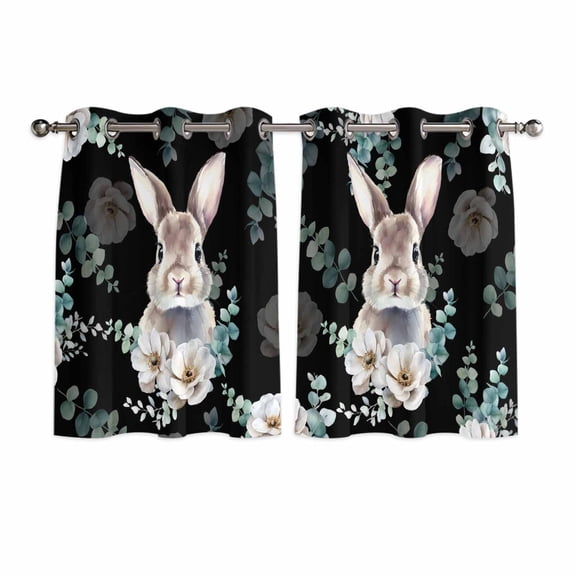 Easter Bunny Kitchen Curtains Window Panels, Green Eucalyptus Leaves Spring Flowers Black Insulated Window Treatment Curtain, Grommet Curtains for Bedroom/Living Room/Bathroom, 2 Piece 42"Wx45"L