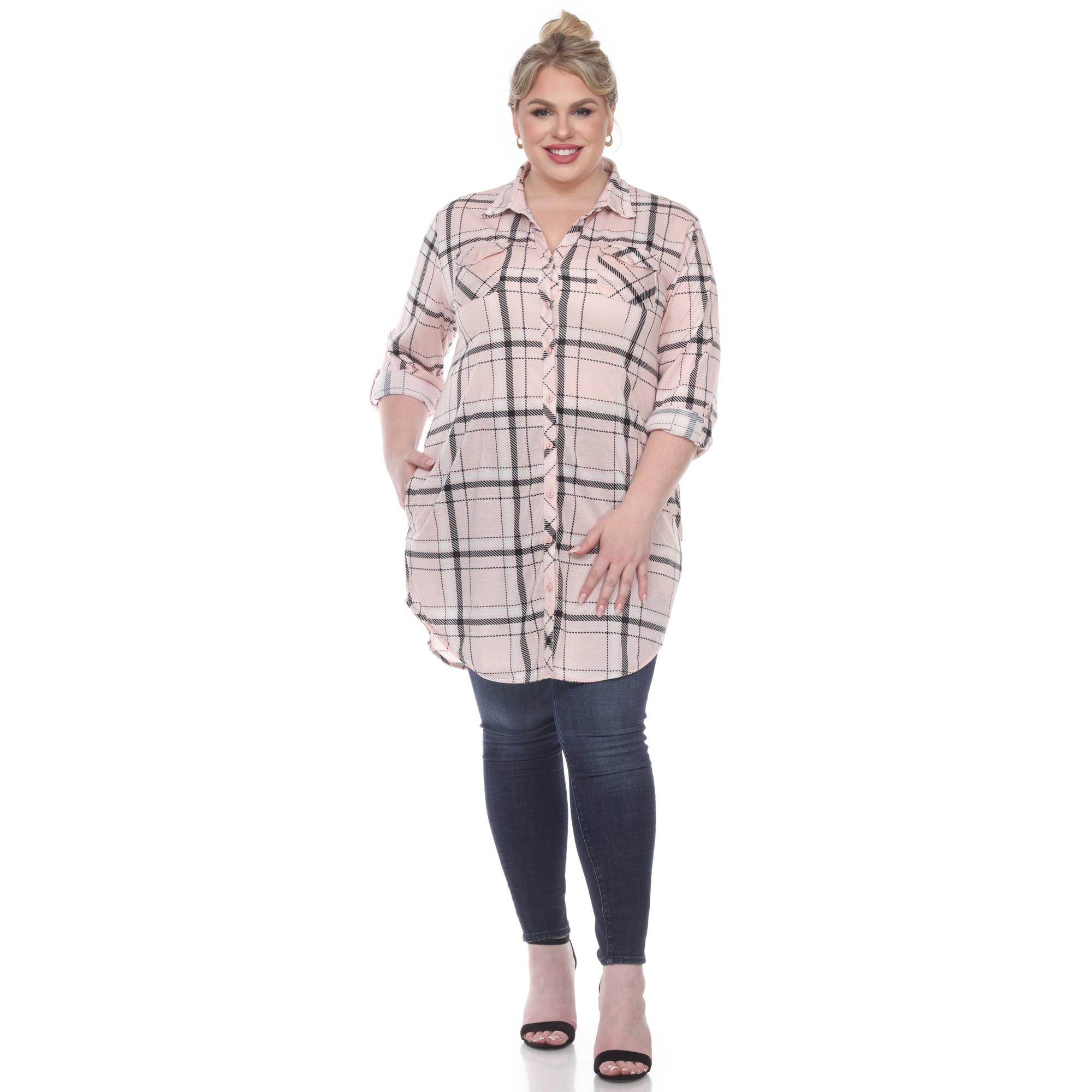 White Mark Women's Plus Size Windowpane Plaid Tunic Top