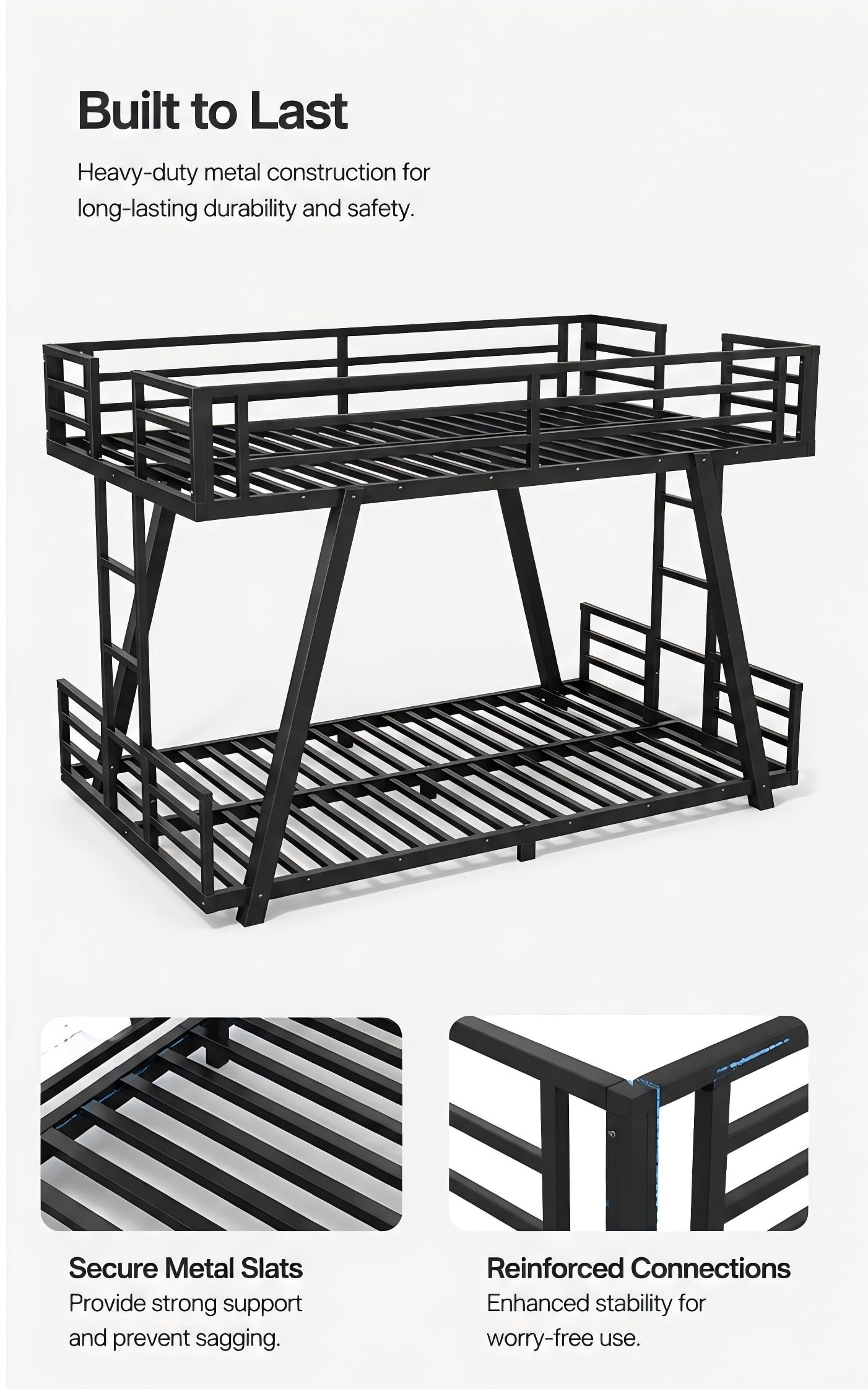 Aukfa Twin XL over Twin XL Metal Bunk Bed with Heavy Duty A-Frame Support Design, 2 Side Ladders, Low Profile, Black