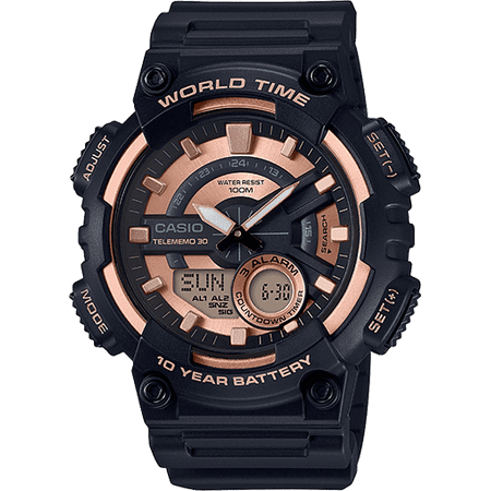 Men's AEQ110W-1A3V World Time Telememo 30 Watch, Black Resin