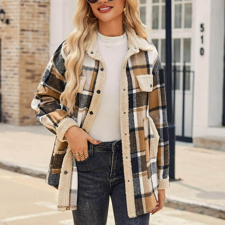 Womens Plaid Sherpa Lined Jacket Winter Button Up Flannel Jackets Oversized Fleece Fuzzy Warm Coat Jackets Walmart