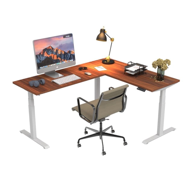 Escritorio En L De Altura Ajustable Tipo Escuadra 180x150cm 25mm De Grosor Color Mad Oscura Con Blanco Amplio Y Resistente 150 Kg De Capacidad