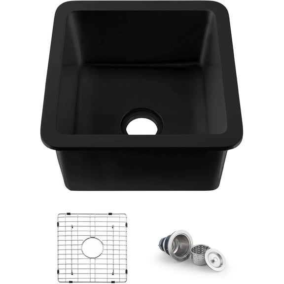 KIBI Pure 18-Inch Single Bowl Fireclay Undermount Kitchen Sink | Heat Safe Glaze | Includes Bottom Grid & Strainer | Durable Fireclay Sink | Matte Black Finish, K2-S18SQMB