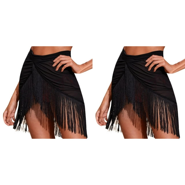 (2-Pack) Women Ruffle Trim Sheer Bathing Suit Cover Ups for Women Plus Size Beach Skirt Cover Up Lace Up Skirt Beach Wrap Bikini Shiny Wraps Cover Ups for Swimwear Mesh Drawstring Cover Up S