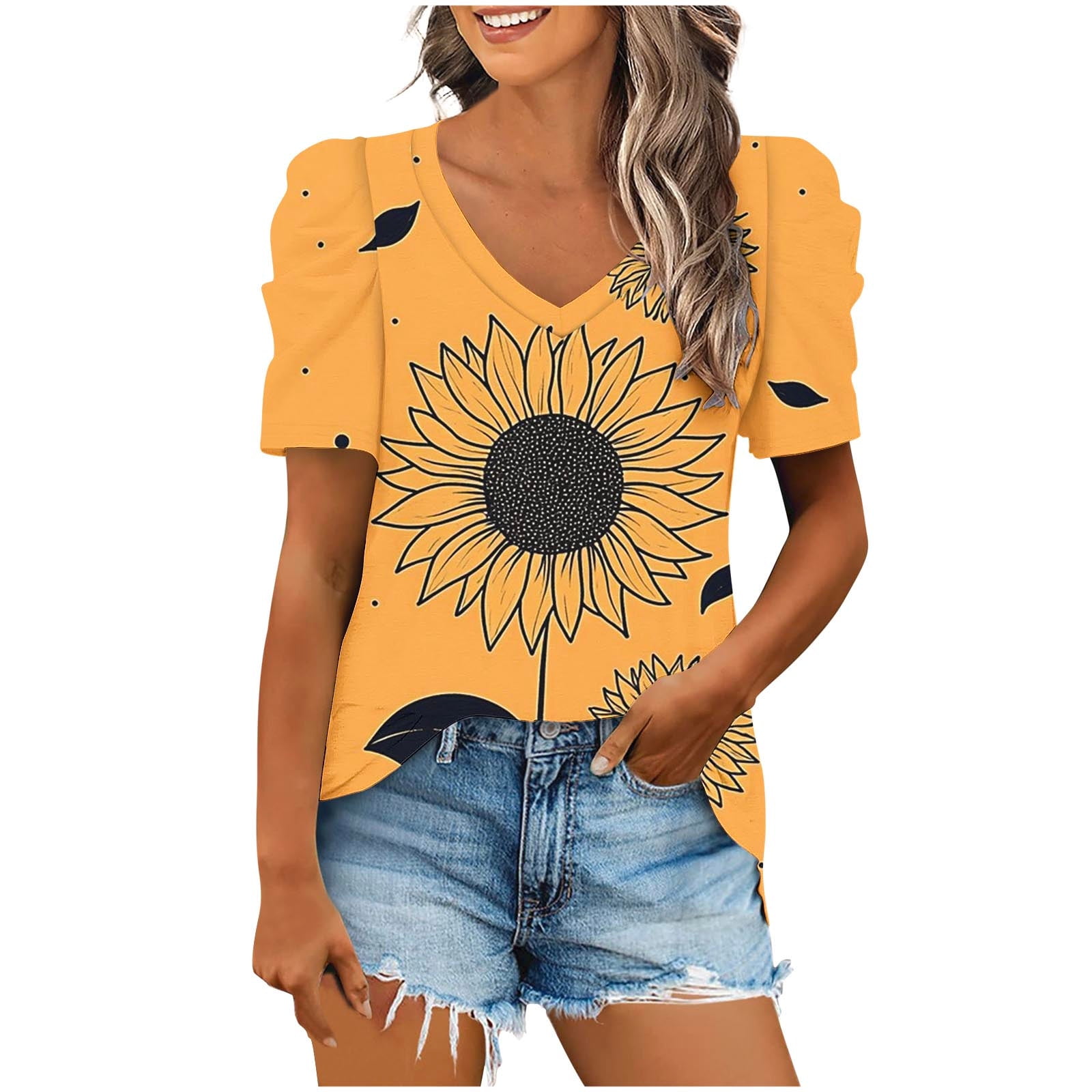 Quinlirra New Arrivals Summer Tops for Women Casual Short Sleeve V-Neck Printing Puff Sleeves Blouse