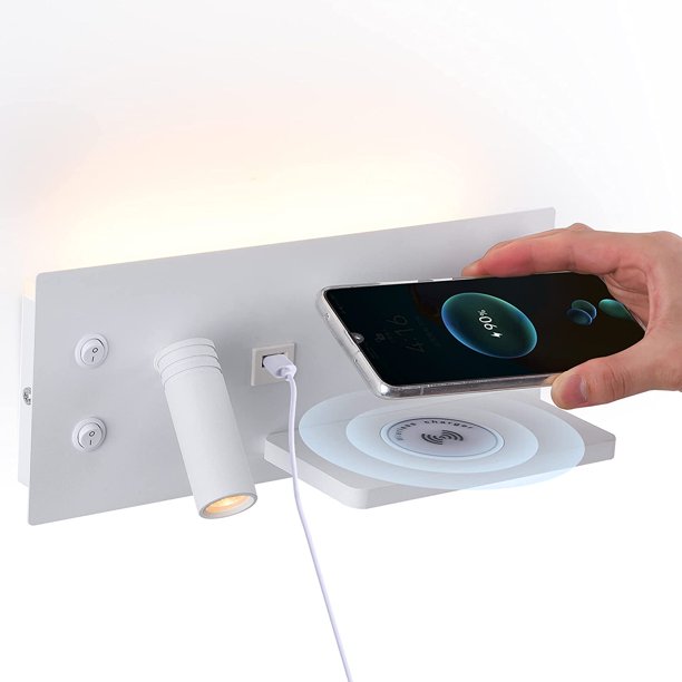 Luz de pared LED para interiores con interruptor, puerto de carga USB y cargador inalámbrico Qi, regulable 3W y retroiluminación, lámpara de noche para lectura, hotel, dormitorio, luz