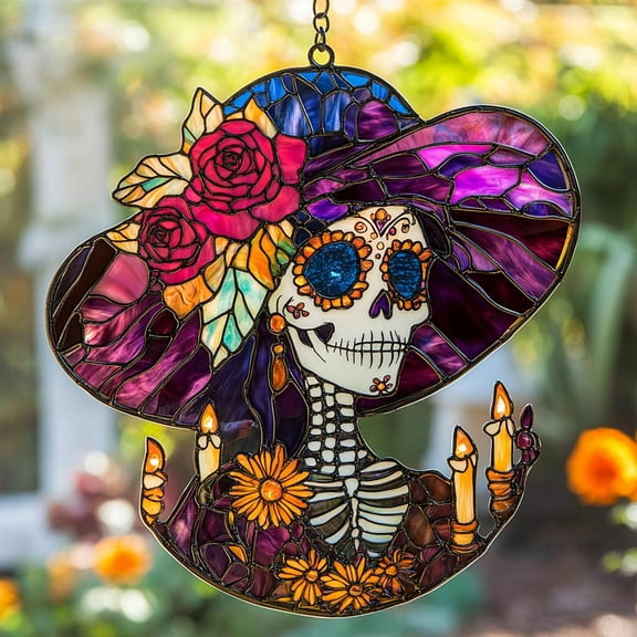 Day of the Dead Acrylic Suncatcher, Faux Stained Glass Window Hanging of La Catrina Skull with Roses, Halloween Gothic Decor