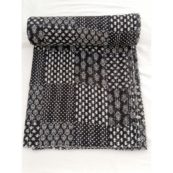 Black Patchwork design Kantha Quilt Handmade Kantha Quilt Unique Design Handmade Kantha Quilted Bedding Bedspread Handblock Print Throw