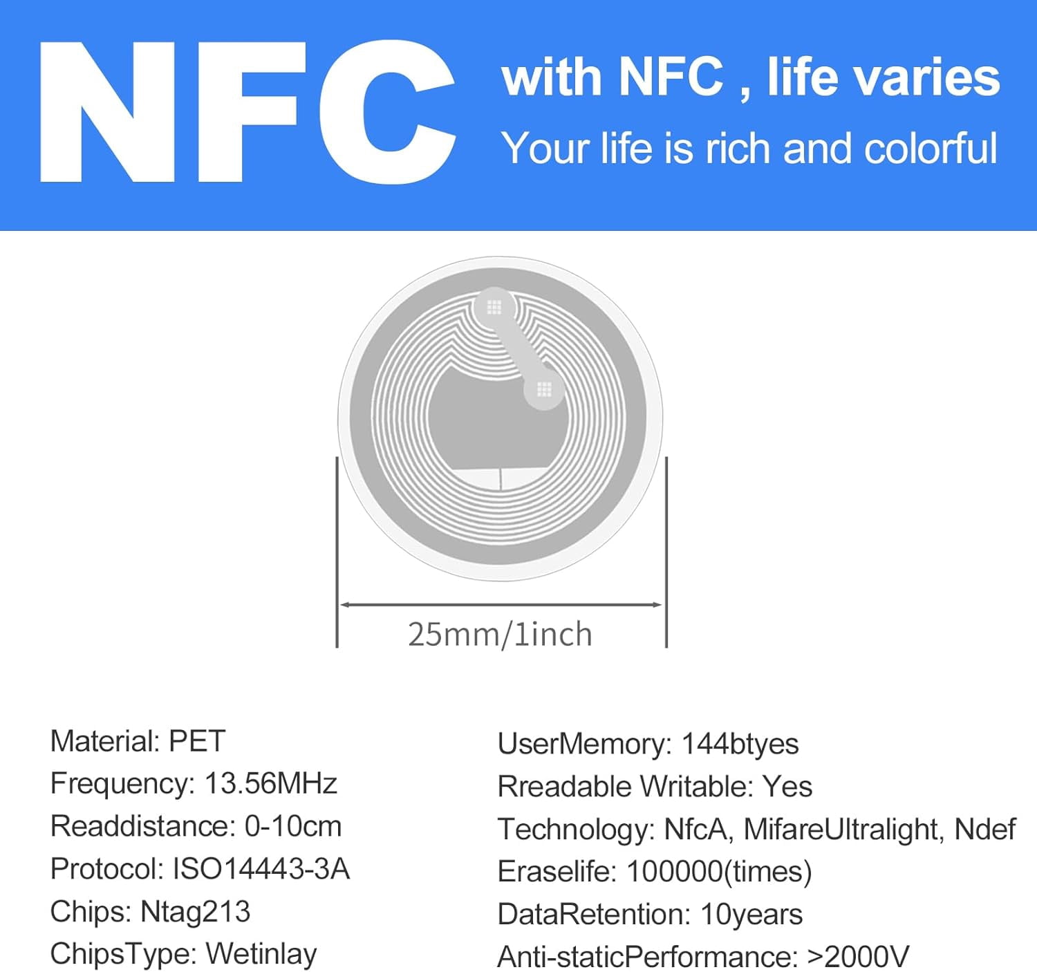 50 PCS Round NFC Tags Stickers - NTAG213 Chip, Blank, Adhesive Labels, RFID Tags, Rewritable, 137 Bytes Memory, Compatible with All NFC-Enabled Smartphones and Devices