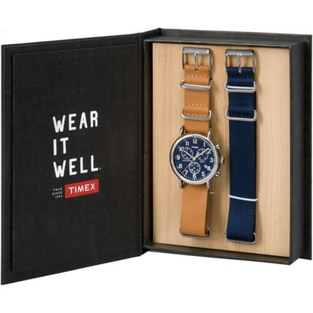 Timex Unisex Weekender Chronograph Watch Gift Set, Brown Leather Strap + Extra Navy Nylon Strap