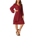 thumbnail image 2 of INSPIRE CHIC Women's Layered V Neck Long Sleeve High Waist Midi Dress With Pockets L Wine Red, 2 of 5