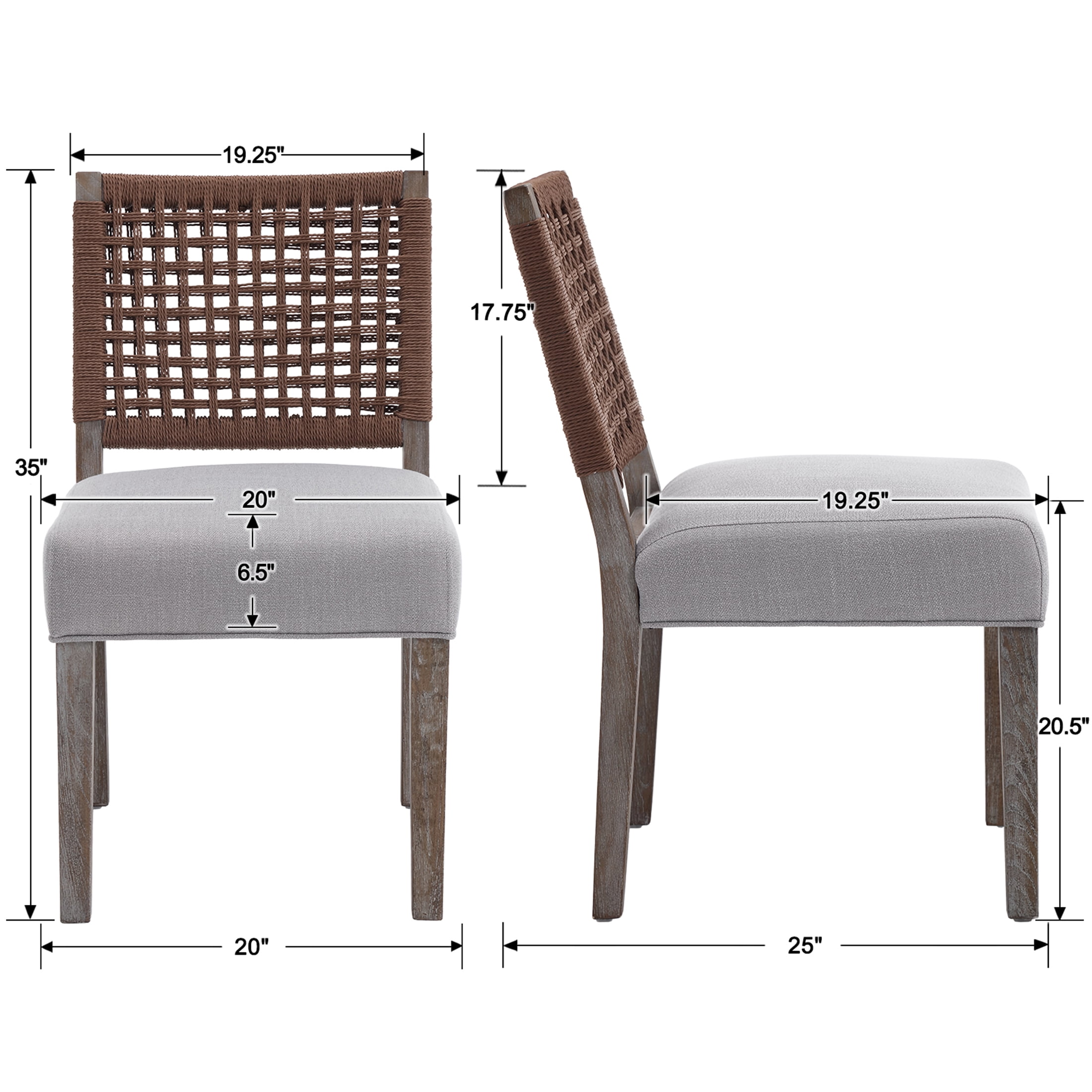 Guyou Farmhouse Dining Chairs Set of 6, Linen Upholstered Kitchen Chairs with Woven Rope Backrest, Mid Century Modern Solid Wood Side Chairs for Kitchen Dining Room, Grey