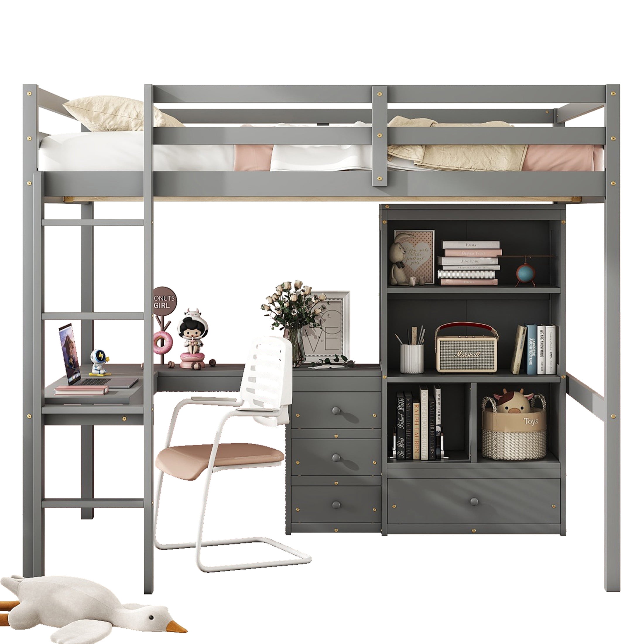 Noble House Modern Full Size Loft Bed with Desk, Storage Shelves and Built-in Ladder, Pine Wood Frame with Guardrails, Grey