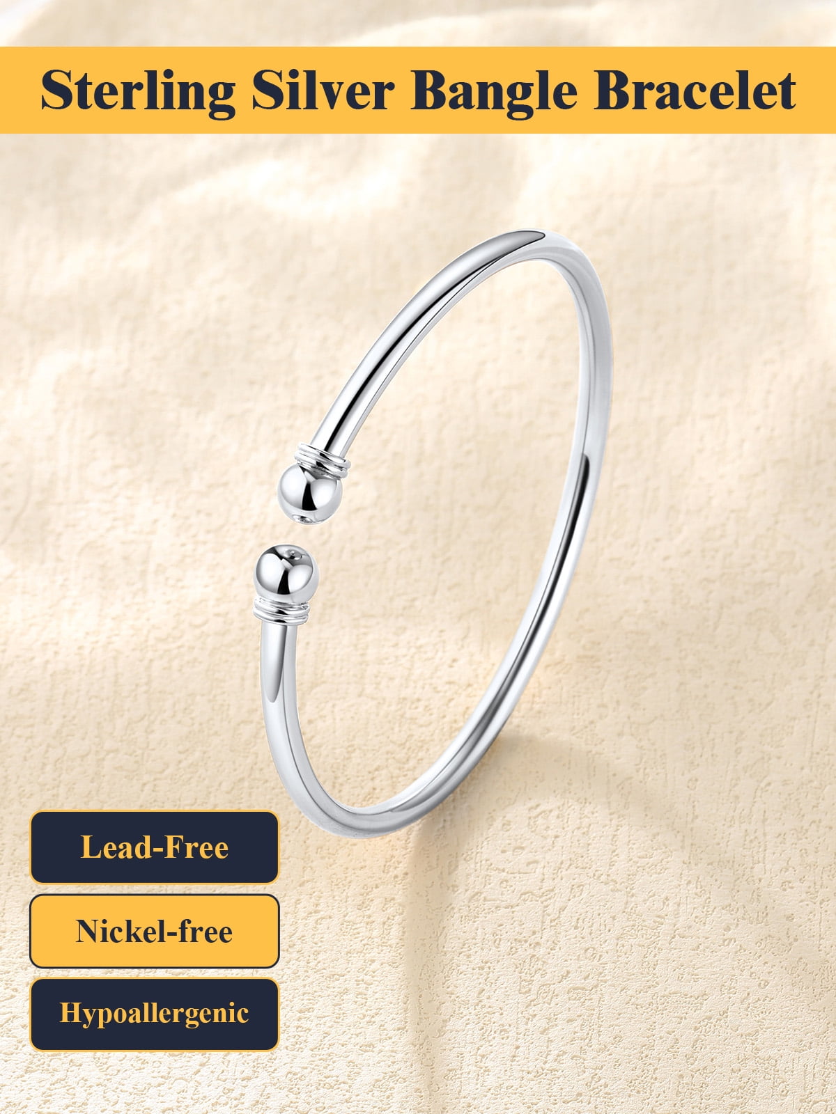 U7 Womens Bracelets 925 Sterling Silver Open Bangle Bracelet 7mm Round Ball Trendy Cuff Bangle Gift for Daughter