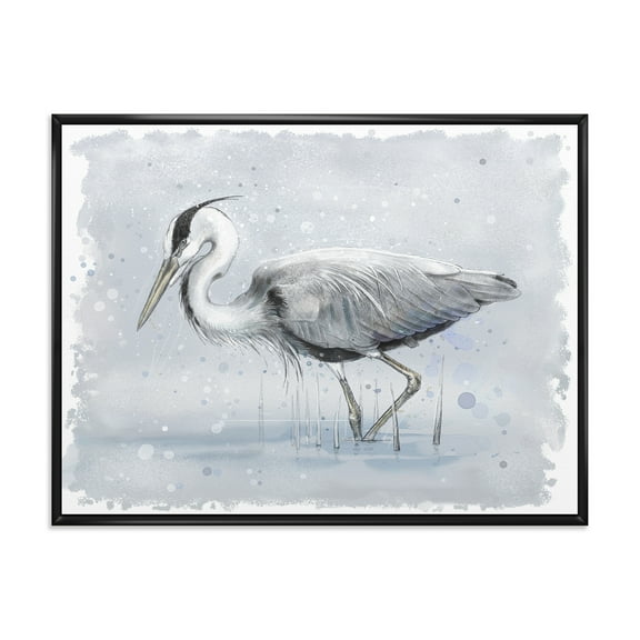 Grey Heron Bird In Lake 20 in x 12 in Framed Painting Canvas Art Print, by Designart
