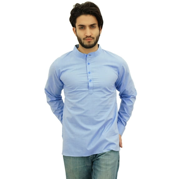 Atasi Ethnic Men's Blue Short Kurta Mandarin Collar Cotton Tunic Shirt-XX-Large