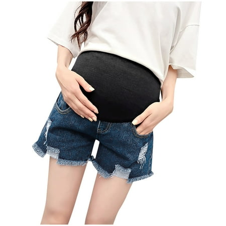 

Follure casual trousers for ladies Women s Denim Jeans Shorts Maternity Pregnant Pants Pregnancy Stomach Lift Band Dark Blue L