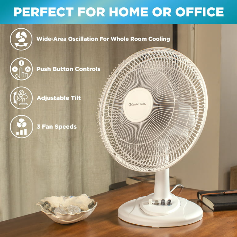 Comfort Zone 12” 3-Speed Oscillating Table Fan with Adjustable Tilt,  Convenient Push Button Controls, Quiet Operation, White