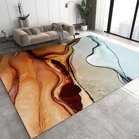 Brown Teal Gradient Marble Area Rug, Retro Watercolor Printed Home Carpet, Washable Breathable Portable Non-Slip Rug For Living Room Bedroom Study Dining Room Office 4x5ft