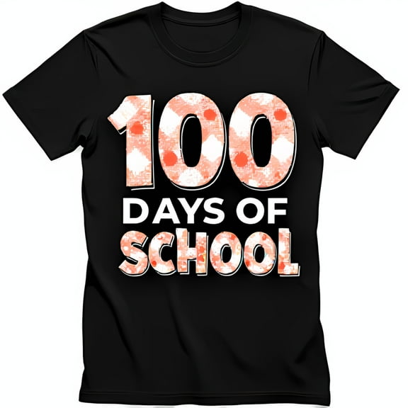 100 Days of School Black T-Shirt with Bright Pink and White Checkered Graphic
