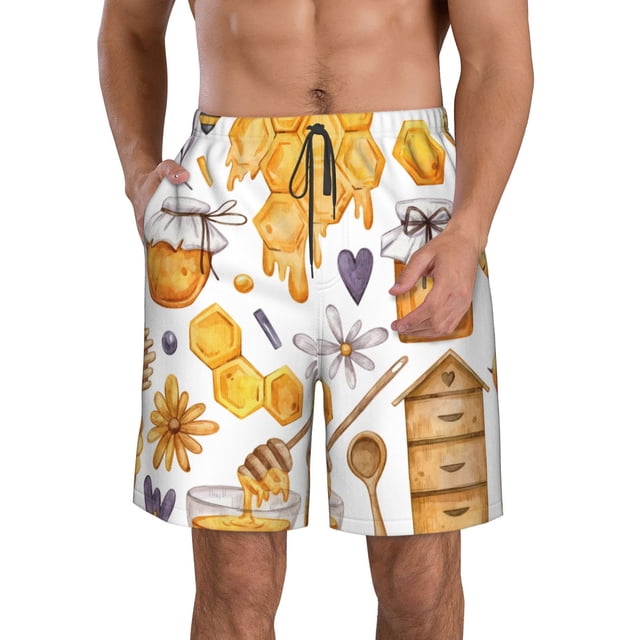Balery Honey Bee Set Traje de Baño Estilo Hawaiano para Hombre, Shorts de Secado Rápido con Bolsillos-Medium